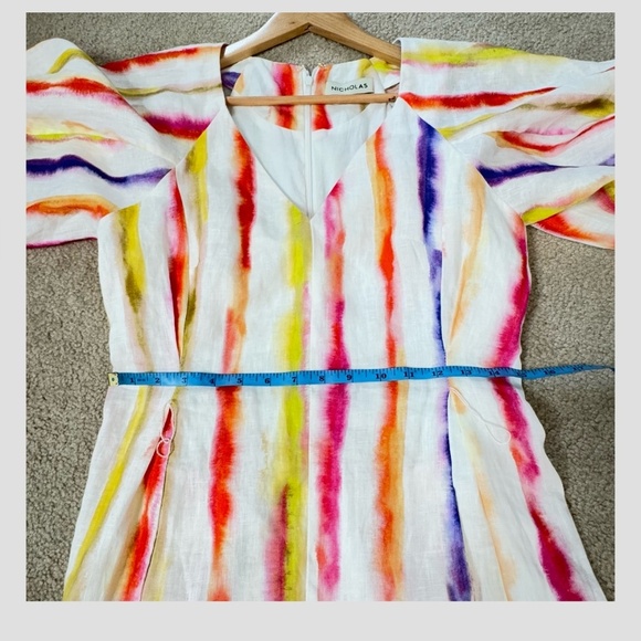 Nicholas The Label Linen Dress Shaanti Mini Rainbow Vibrant Puff Sleeve Belted - Picture 13 of 16